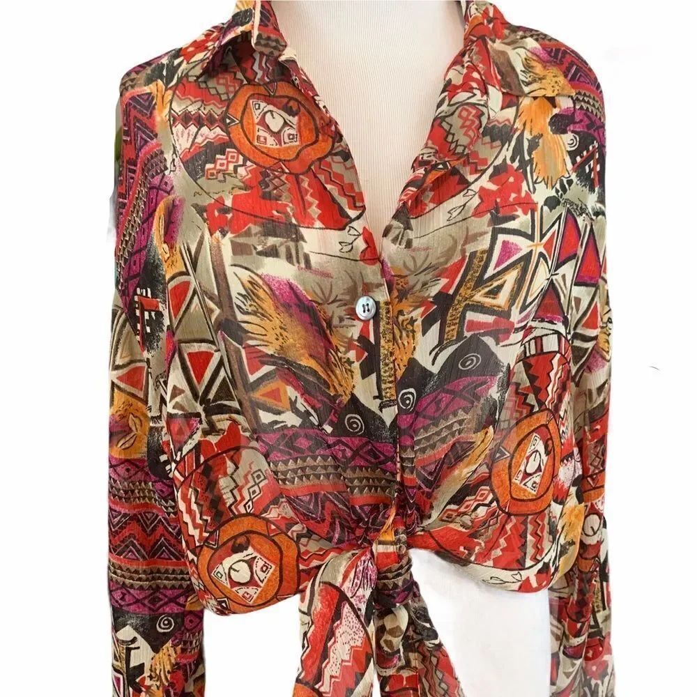 Vintage abstract tribal pattern button down blouse